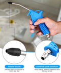 Person holding a high flow air blower gun with rubber tip, blue handle, shown with universal quick connector and rubber nozzle close-ups.
