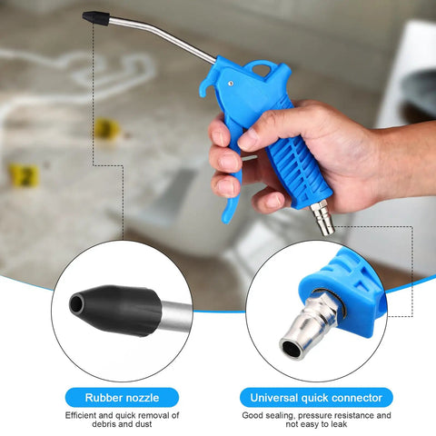 Person holding a high flow air blower gun with rubber tip, blue handle, shown with universal quick connector and rubber nozzle close-ups.
