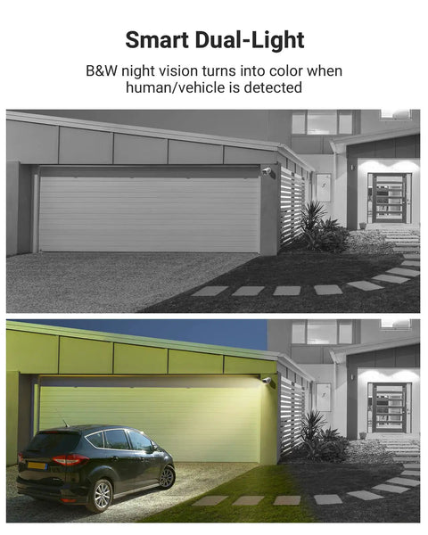 Eight-Channel 3K AI Security Camera System With DVR, Four 5MP Outdoor Cameras, showing dual light night vision with car detection