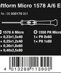 Product label for ESD Safe Screwdriver Set With Slotted And Phillips Tips And Rack 6 Piece Electronics Tool Kit details and barcode