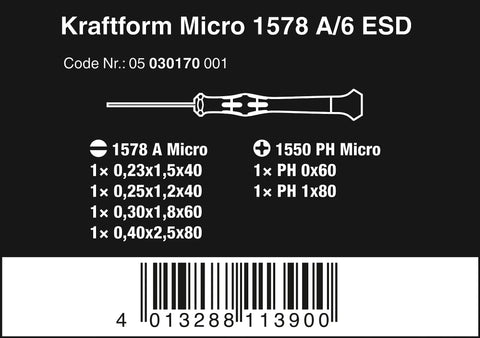 Product label for ESD Safe Screwdriver Set With Slotted And Phillips Tips And Rack 6 Piece Electronics Tool Kit details and barcode