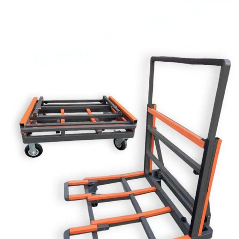 Lightweight Heavy Duty Folding Panel Dolly With Hella Sturdy Rubber Rails And Buttery Smooth Swivel Wheels For Moving Glass Sheets Drywall And Doors On Any Job Site, showcasing steel frame and foldable design.