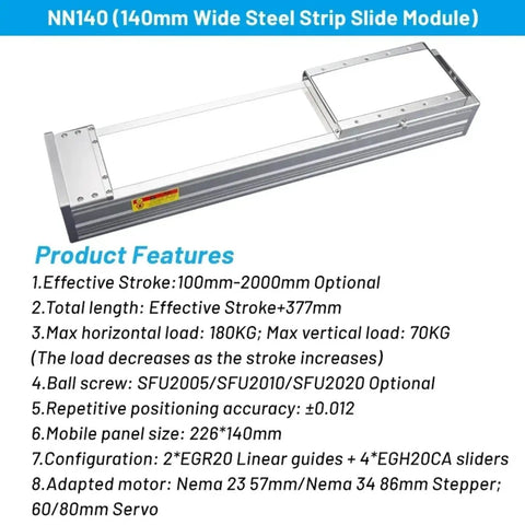 Heavy Duty Beefed Up 140mm Wide Linear Guide Platform With 180kg Load For CNC Machines, SFU2005/2010 XYZ Axis, 4 EGH20CA Carriages, Fully Enclosed Ball Screw Rail, 800mm Version, Bracket Included, steel side module