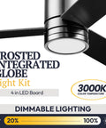 Close-up of Espy Ceiling Fan With 52 Inch Blade Span In Gun Metal showing its frosted integrated LED light globe, dimmable lighting feature.