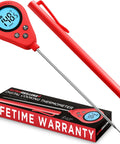 Red Instant Read Meat Thermometer With Ultra Fast Probe For Home Cookin Digital Kitchen Thermometer For Grilling And Baking Sourdough Bread Thermometer Pre Calibrated 2 To 3 Second Read displayed with packaging.