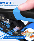 Close-up of All In One Ethernet Crimping Tool Kit With Wire Stripper, showing crimping action on Cat7 cable.
