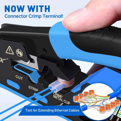 Close-up of All In One Ethernet Crimping Tool Kit With Wire Stripper, showing crimping action on Cat7 cable.