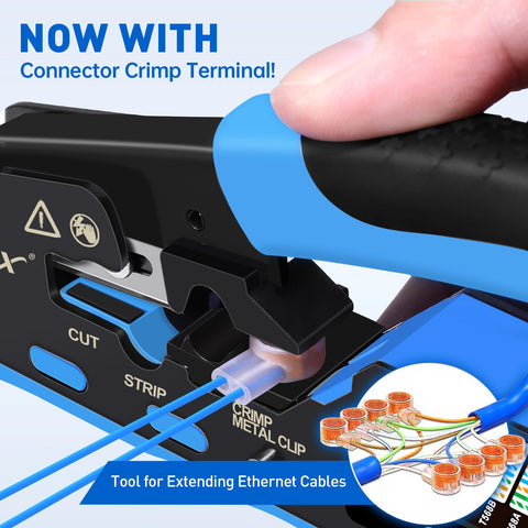 All-In-One RJ45 Crimp Tool With Pass-Through And Non Pass-Through Crimping in use, close-up view of cutting and stripping features.