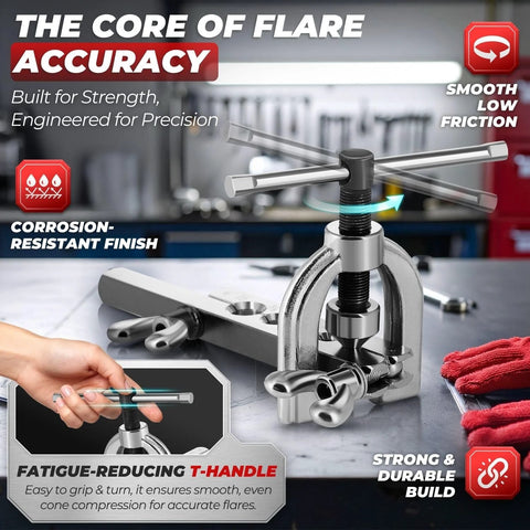 Front view of Flexzion brake line flaring tool kit with T-handle, metal silver finish for 1/8-5/8 in tubing