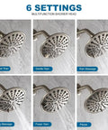 Brushed Nickel Rain Shower System with 6 Inch Shower Head showcasing six spray modes, ABS construction, in action