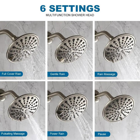 Brushed Nickel Rain Shower System with 6 Inch Shower Head showcasing six spray modes, ABS construction, in action