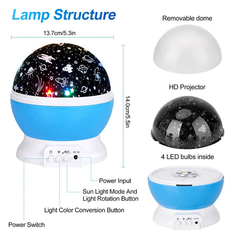 360 Degree Rotating Star Projector Night Light For Kids with removable dome, showing LED bulbs and functional buttons.