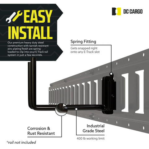 Heavy Duty E Track Tool Hanger Hooks 2 Pack 7.5 Inch Deep Universal Garage Organizer showing rail installation