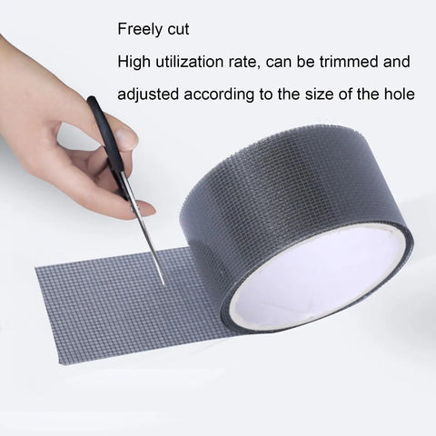 Close-up of Strong Adhesive Screen Repair Tape being cut; black fiberglass, versatile for windows and doors, self-adhesive.