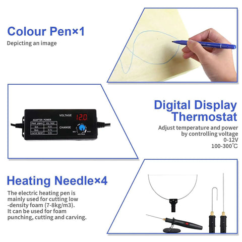 Foam cutter set with digital voltage controller and black control; includes pen-style cutter and four heating needles