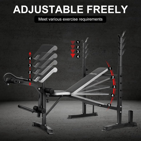 Adjustable Olympic Weight Bench Set With Cable Pulley System For Home Gym, showing multiple adjustable incline positions.