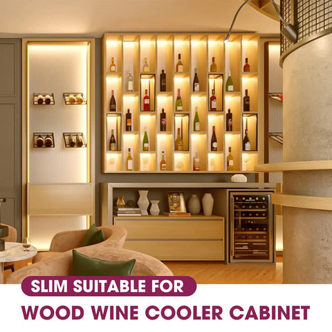 Wood wine cooler cabinet with illuminated bottle display and LED lighting in a stylish living room setting.