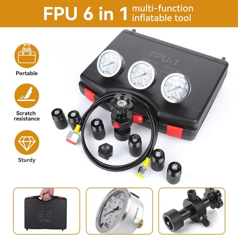 Hydraulic Nitrogen Accumulator Charging Kit Pro Grade With Nitrogen Fill And Pressure Test System Three Gauges 1500 PSI 4000 PSI 6000 PSI Seven Couplings And Gas Hose For Precise Nitrogen Pressure Testing