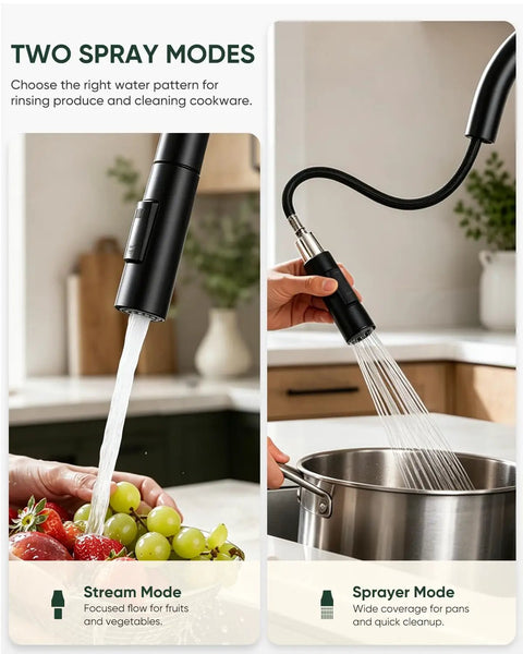 Black Kitchen Faucets with Pull Down Sprayer Kitchen Sink Faucet with Pull Out Sprayer Single Hole Deck Mount Single Handle Stainless Steel Grifos De Cocina 866026R showing stream and sprayer modes.