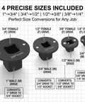 Diagram of low profile impact socket adapter set four piece drive ratchet kit magnetic design CRV steel with size conversions