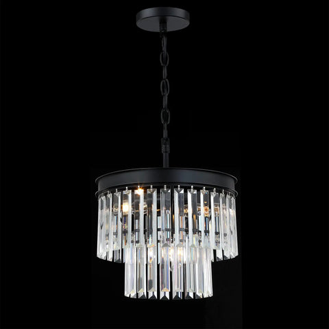 2 Tier Crystal Chandelier With Black Finish For Living Room Bedroom Dining Room And Hallway, Real K9 Crystals With Transparent Triangular Strips
