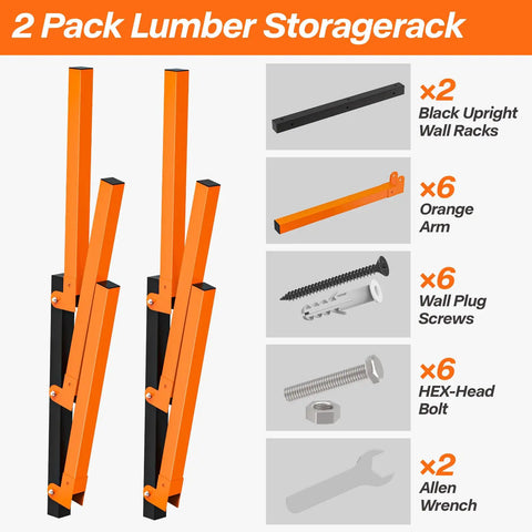 Beefy Two Pack Heavy Duty Lumber Storage Rack Wall Mount Shelves With Three Levels For Lumber Plywood And Long Tools Orange