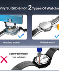 Watch Repair Tool Kit For Battery Replacement, Strap Adjustment, Link Pin Remover shown with notched and slotted watches