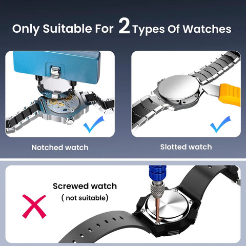 Watch Repair Tool Kit For Battery Replacement, Strap Adjustment, Link Pin Remover shown with notched and slotted watches