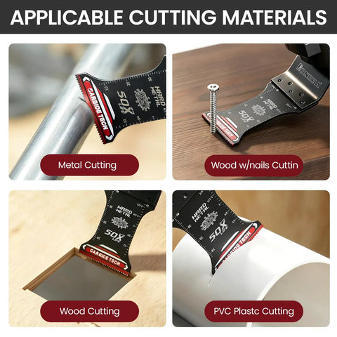 Beast Mode Pro Grade Carbide Oscillating Saw Blades 3 Pack cutting metal, wood with nails, wood, and PVC plastic.