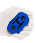 Blue Beefed-Up EPDM Exhaust Hangers For Muffler Bushing Insulator held in glove, showing size and 12mm holes, 73x47x21mm