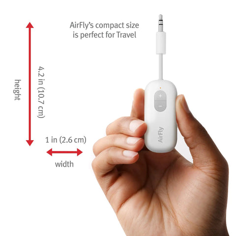 Hand holding Wireless Bluetooth Audio Transmitter For AirPods And Headphones With 20 Plus Hour Battery, 3.5mm Aux Jack.