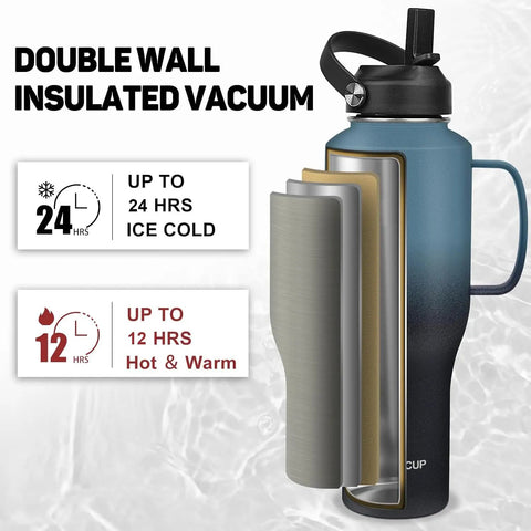 Squad Sized 40 Oz Insulated Water Bottle With Straw Lid That Finally Fits In Car Cup Holders Double Wall Stainless Steel Tumbler side view showing insulation layers and temperature retention.