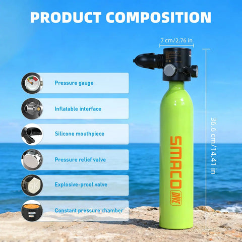 Product composition of Portable 0.7L Mini Scuba Tank With Constant Pressure Valve and Luminous Gauge by the sea