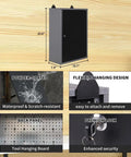 Heavy Duty Wall Mounted Storage Cabinet With Pegboard Upper Panel For Garage And Workshop Tool Organization Metal Hanging Cabinet In Black And Gray Finish Built Tough For Quick Easy Access Tool Storage And Serious Garage Ready Steel Build with dimensions and features displayed.