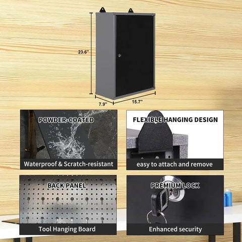 Heavy Duty Wall Mounted Storage Cabinet With Pegboard Upper Panel For Garage And Workshop Tool Organization Metal Hanging Cabinet In Black And Gray Finish Built Tough For Quick Easy Access Tool Storage And Serious Garage Ready Steel Build with dimensions and features displayed.