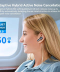 Air Pro 4 Wireless Earbuds With Adaptive Hybrid Noise Canceling For Crisp Sound And Big Battery Life shown in use on a plane.