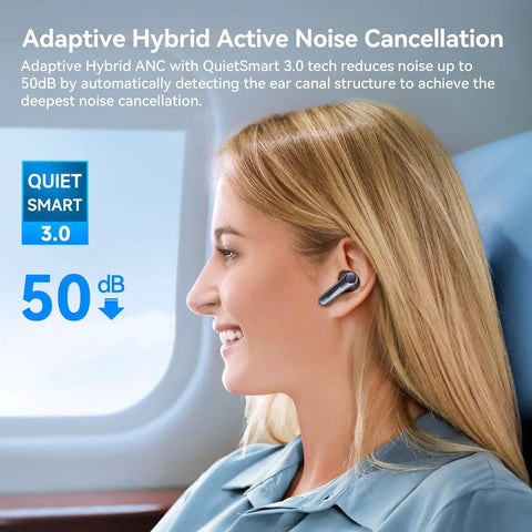Air Pro 4 Wireless Earbuds With Adaptive Hybrid Noise Canceling For Crisp Sound And Big Battery Life shown in use on a plane.