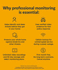 Infographic on benefits of professional monitoring; highlights threat detection, police response, backup, and no-contract service plans.