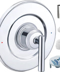 Gibson Posi Temp Valve Trim Kit For 2510 2520 2570 2590 Valves Chrome Finish Solid Metal Build Easy Adjust Lever With Red Blue Temperature Indicator Aftermarket Replacement Trim Kit features a chrome round faceplate and lever with temperature indicators.
