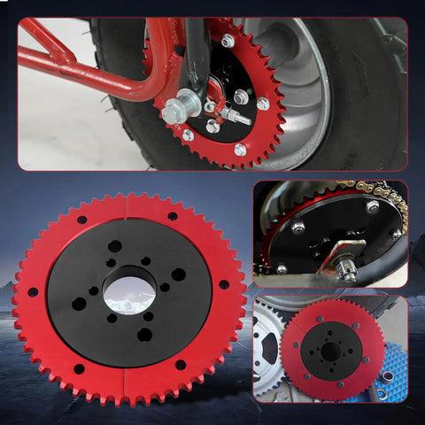Universal 35 Chain 53T Split Sprocket With Adapter For Predator 212cc showing red steel sprocket and black aluminum hub adapter.