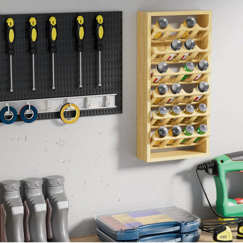 Wall Mounted 24 Can Spray Paint Holder, 6 Tier Wooden Aerosol Organizer Rack For Lubricants And Oils in garage setting