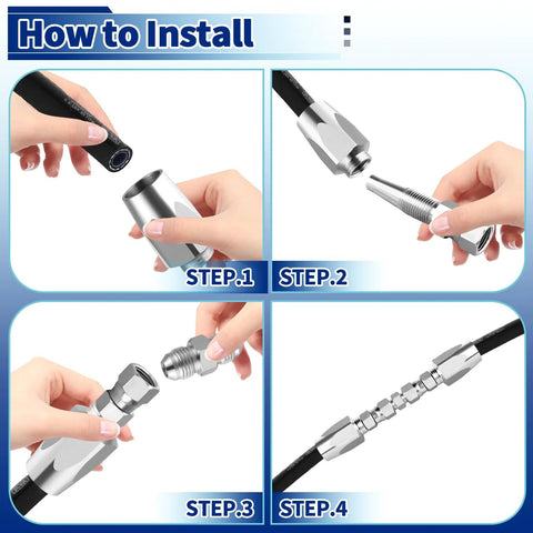 Installation steps for One Quarter Inch Inner Diameter Hydraulic Hose Field Ready Repair Kit With Reusable Heavy Duty Galvanized Steel Fittings, Two Pack