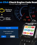 OBD2 Car Diagnostic Scanner with Battery Tester and Live Data, handheld tool clearing fault codes, engine dashboard in background
