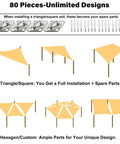 Diagram showing 80 Piece Shade Sail Hardware Kit For 6 Inch Components, ideal for various triangle or rectangle sail designs.