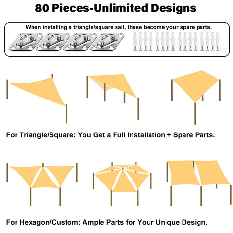 Diagram showing 80 Piece Shade Sail Hardware Kit For 6 Inch Components, ideal for various triangle or rectangle sail designs.