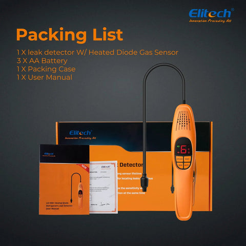 Elitech LD-100+ automotive refrigerant leak detector handheld orange with digital display and probe