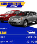 Image showing compatible Nissan Rogue models 2008-2013 and 2014-2015 Rogue Select for windshield wiper blades replacement.