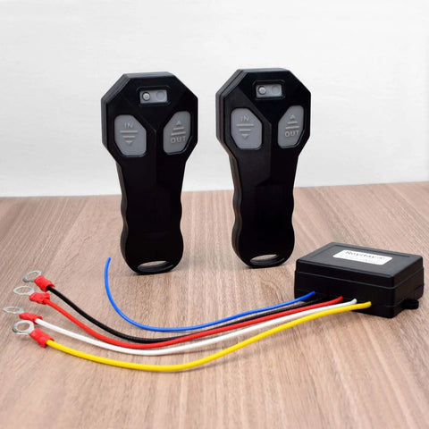 12V Wireless Winch Remote Control Kit 2 Pack With Dual Transmitters Universal Five Wire System For Truck Car ATV SUV Winches Plug And Play Setup 100 Foot Range English Manual Included Works With Most Self Recovery Winches, two remotes and wiring receiver