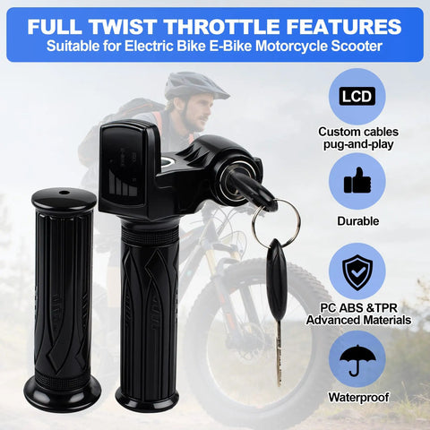 Universal 48V Ebike Full Twist Throttle With LCD Display And Key Lock, Plug And Play Handlebar Grip For Ridstar Q20 Q20Lite Q20Pro H20 H26 Pro H20 Pro And Other Ebikes And Scooters, Fits Seven Eighths Inch Handlebars 22mm