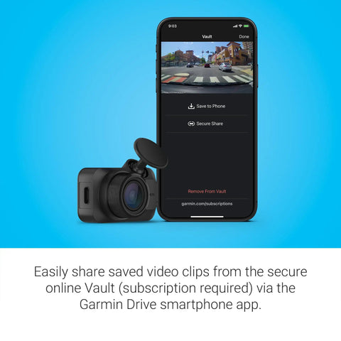 Ultra Compact Dash Cam Mini 3 1080p HD Car Camera next to smartphone displaying video sharing options.
